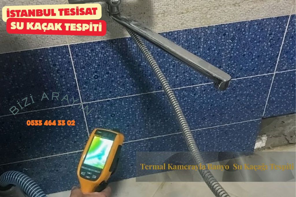 Termal kamera ile su kaçağı tespiti yapan cihaz ve mavi desenli duvar