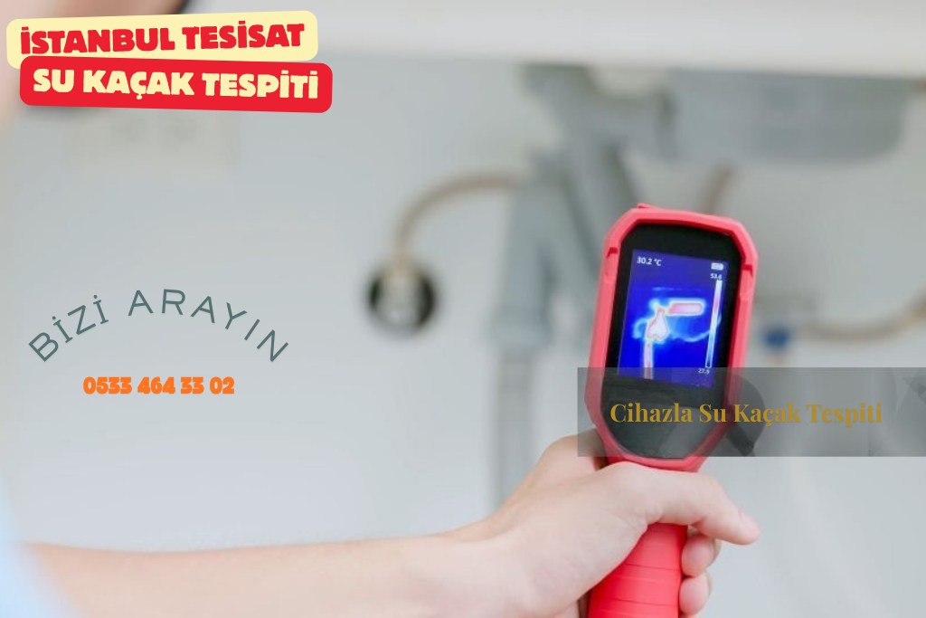 Elde su kaçak tespiti cihazı, termal ekran görüntüsü, su tesisatı arka planda
